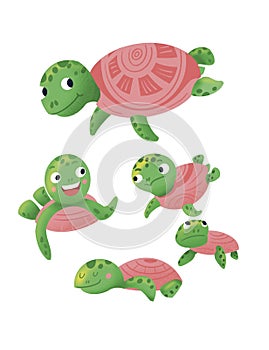 Set of cute cartoon turtles. Funny animals. Sea creatures for book and game design. Illustration for children.