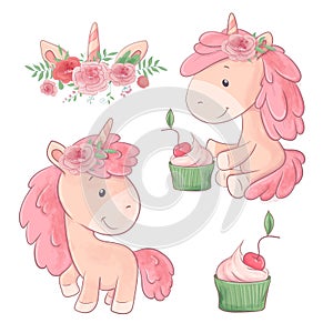 Set of Cute Cartoon Two Unicorns with Flowers and Cupcake. Vector illustration
