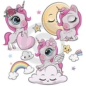 Set of Cute Cartoon Unicorns