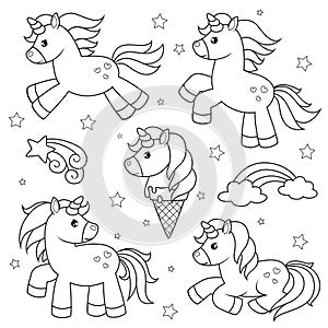 Set of cute cartoon unicorns. Black and white vector illustration for coloring book