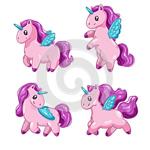 Set of cute cartoon unicorns, fantasy little beautiful horsees for game design.