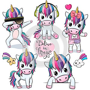 Set of Cute Cartoon Unicorns isolated