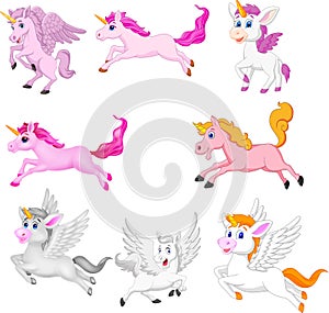 Set of cute cartoon unicorns isolated on a white background