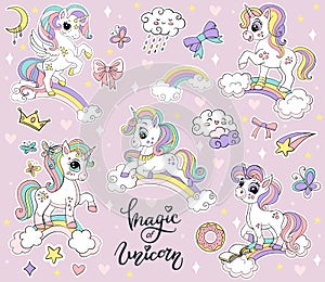 Set of cute cartoon unicorns on a rainbow vector
