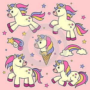 Set of cute cartoon unicorns