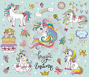 Set of cute cartoon unicorns vector illustration