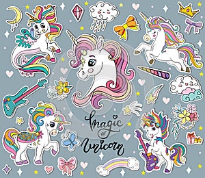 Set of cute cartoon unicorns vector illustration gray