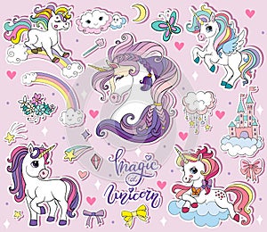 Set of cute cartoon unicorns vector illustration pink