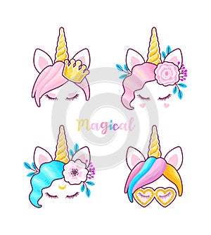 Set of Cute Cartoon Unicorns on a white background