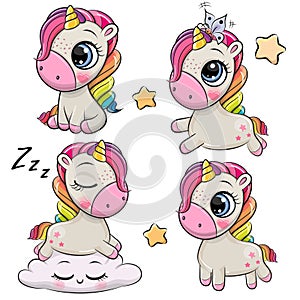 Set of Cute Cartoon Unicorns on a white background