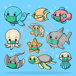 Set of cute cartoon water animal world