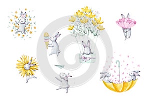 Set of cute cartoon watercolor bunny photo