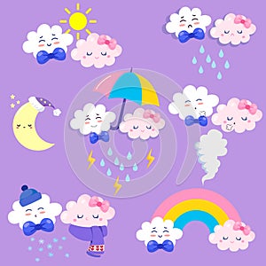 A set of cute cartoon weather forecaster characters with funny faces. Clouds, sun, rainbow, tornadoes, rain and wind.