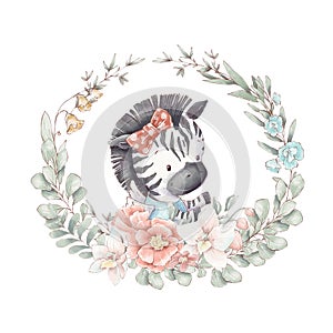 Set of cute cartoon zebra in a frame of flowers. Watercolor illustration