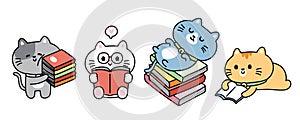 Set of cute cat with book in various poses on white background.Reading book.Pet animal