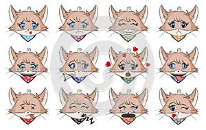 Set of cute cat with different emotions. Character cartoon kitten face. Avatar emoticon illustration. Cat emoji in cartoon style.