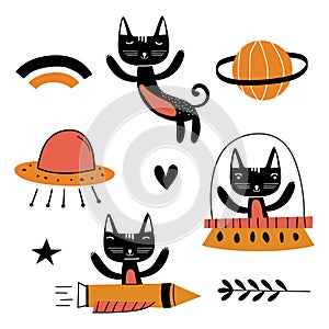 Set of cute cat illustration vector design art. Flying funny kids animal astronauts in space, with planets, stars, loves. Concept