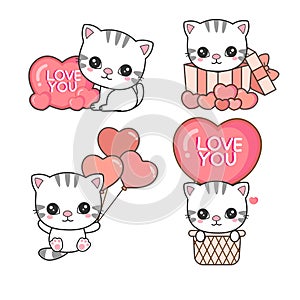 Set of cute cat in love for Valentine day. Animal cartoon style
