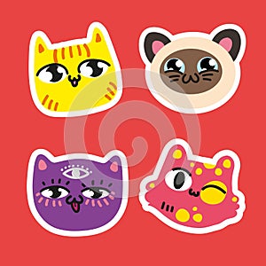 Set of cute cat vector icon color different isolated versions kittys stickers on red background Purple pussycats puts