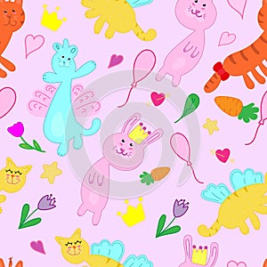 Set of cute cats, bunny and fox, vector seamless pattern on pink background, cartoon and fabulous, umbrellas, balls, flowers,