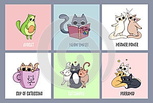 Set of cute cats cards. Avocado cat, coffee-cat. Cat reading a b