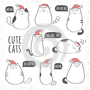 Set of cute cats with christmas hats