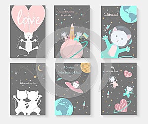 Set cute cats postcards in space. Declaration of love. I love you to the moon and back. Astronaut cats. Poster about the universe
