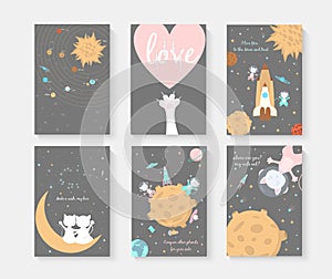 Set cute cats postcards in space. Declaration of love. I love you to the moon and back. Astronaut cats. Poster about the universe