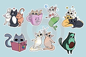 Set of cute cats stickers. Avocado cat, coffee-cat. Cat reading