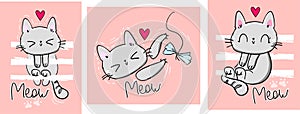 Set cute cats on a striped with a heart. Sketch kittens print for children\'s textiles, t-shirts, nursery. Letters - Meow. Pink