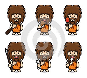 Set of cute cave man mascot character with different attributes cartoon