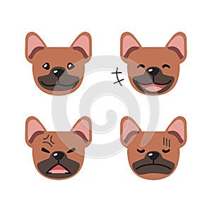 Set of cute character brown french bulldog faces showing different emotions