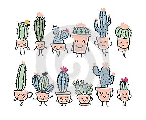 Set of cute characters, funny plants in pots with eyes, smiles, legs. Kawaii cacti. Cartoon  isolated on a white background