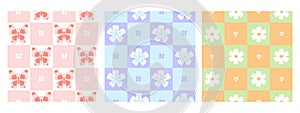 Set of cute checkered seamless patterns with flowers and butterflies in pastel colors. Vector graphics