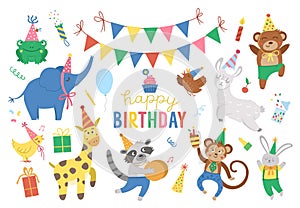 Set of cute cheerful animals in party hats. Birthday party celebration clipart collection. Vector holiday pack with bright present