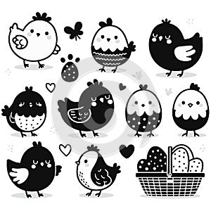 A set of cute chicks in different poses. Vector line illustration. A chick hatched from an egg