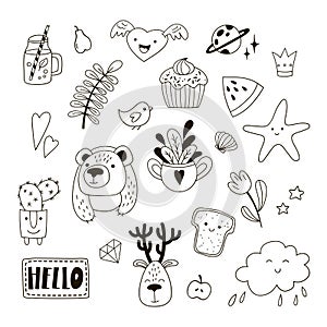 Set of cute childish doodles. Vector clipart.