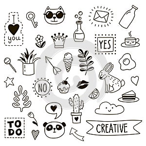 Set of cute childish doodles. Vector clipart.