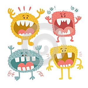 Set of cute childish fluffy monsters in flat handdrawn scandinavian style. Halloween characters with open mouth. Simple