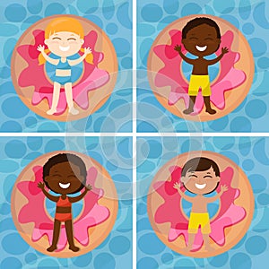 A set of cute children float on an inflatable circle in the form of a donut. Boys and girls are dressed in swimsuits and shorts.