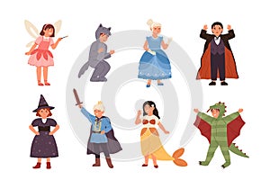 Set of cute children wearing costumes of fairytale characters - prince, dragon, pixie, witch, vampire, mermaid, wolf