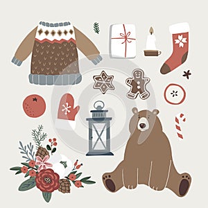 Set of cute Christmas animal, lifestyle and food icons. Bear, knitted sweater, glowes, Santa socks, gift boxes and