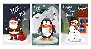 A set of cute Christmas cards. Postcards with Christmas motifs Santa Claus, bear, snowman, sleigh with gifts, Christmas