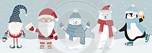 Set of cute christmas characters. Vector illustration in flat cartoon style