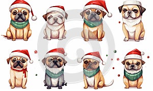 Set of cute Christmas dogs in scarves and winter hats isolated for greeting card