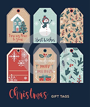 Set of cute Christmas gift tags in hand drawn doodle style. Vector greeting card designs