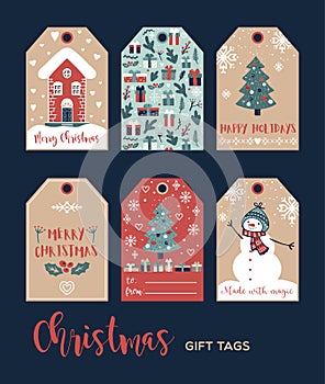 Set of cute Christmas gift tags in hand drawn doodle style. Vector greeting card designs