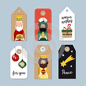 Set of cute Christmas gift tags. Three magi. Biblical kings Caspar, Melchior and Balthazar. Vector illustration photo