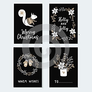Set of cute Christmas greeting cards, invitations with squirrel, wreath glowes and winter flowers. Hand drawn