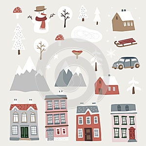 Set of cute Christmas landscape, town and village icons. Hand drawn houses, mountains, snowman and trees. Isolated